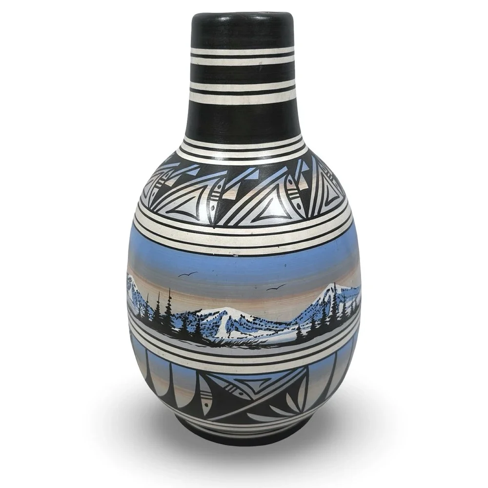 Nelson M Navajo Hand Painted Mountain Landscape Ceramic Vase 80s Blue Gray Black